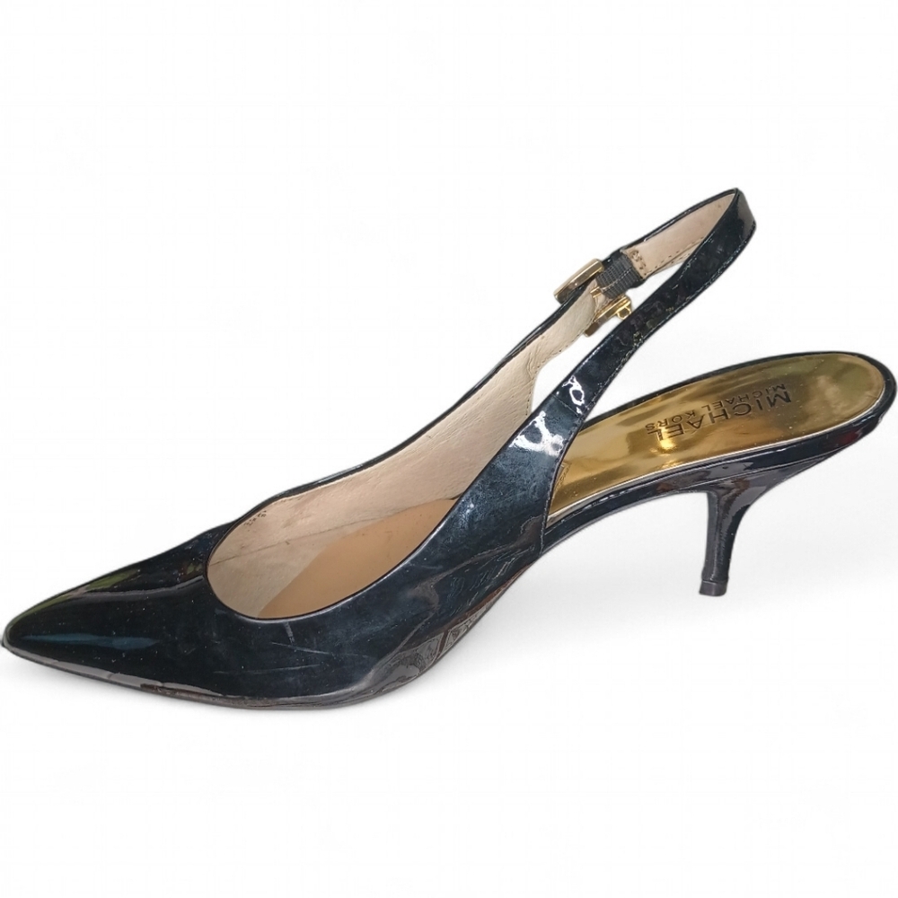 Michael Kors | Kelsey Kitten Slingback | Blk Patent Leather Gold Hardware | Sz 9 - Picture 5 of 14